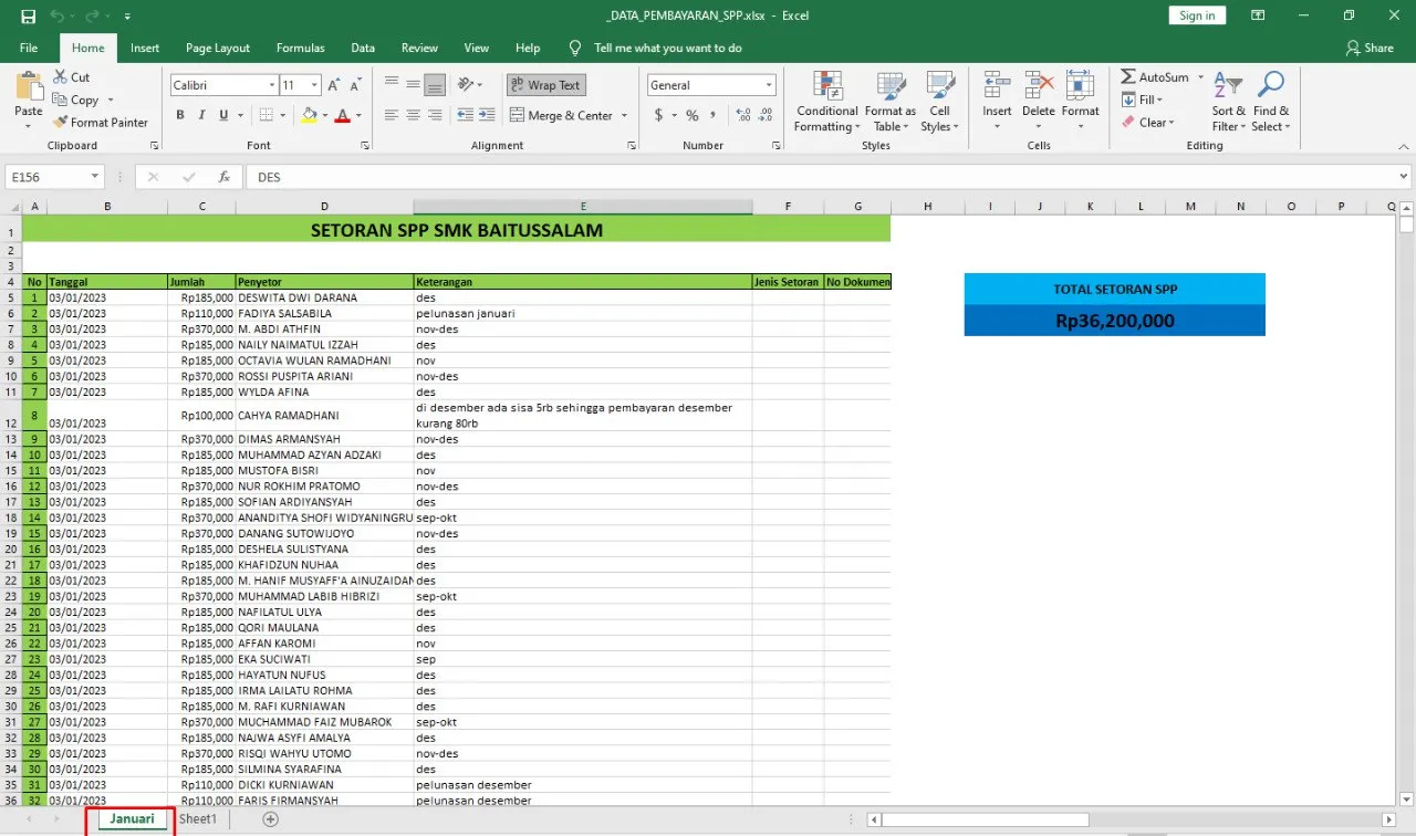 Input Data Excel Laporan SPP Siswa